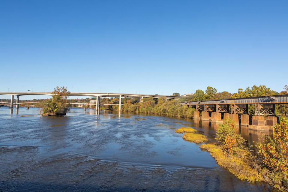 A river with a bridge and a small island.