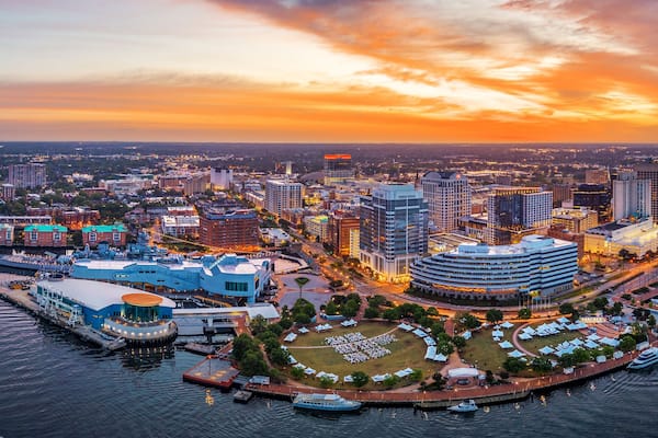 Norfolk, Virginia, USA downtown city skyline from over the Elizabeth River