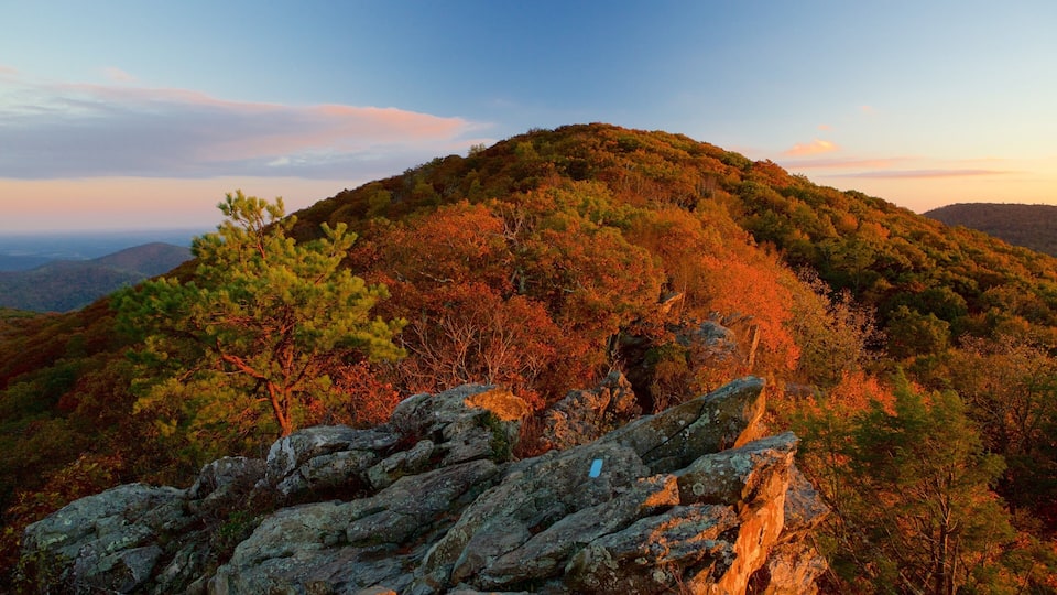 A mountainous landscape with autumn foliage, rocky terrain, and a clear sky.