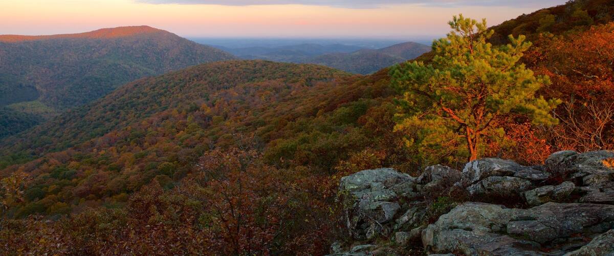 A mountainous landscape with autumn foliage and a clear sky.