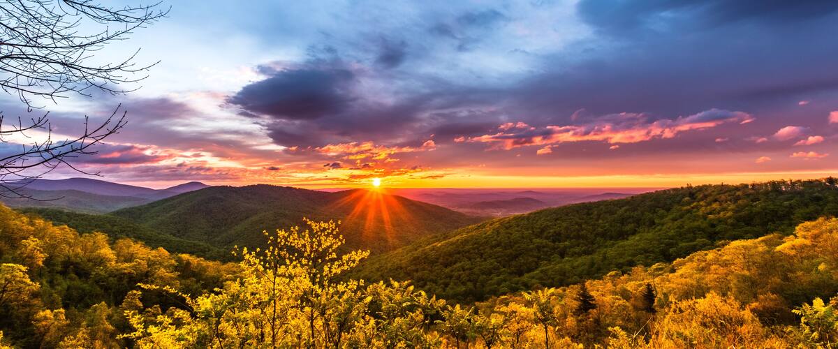 A sunset over a mountainous landscape with dense forest.