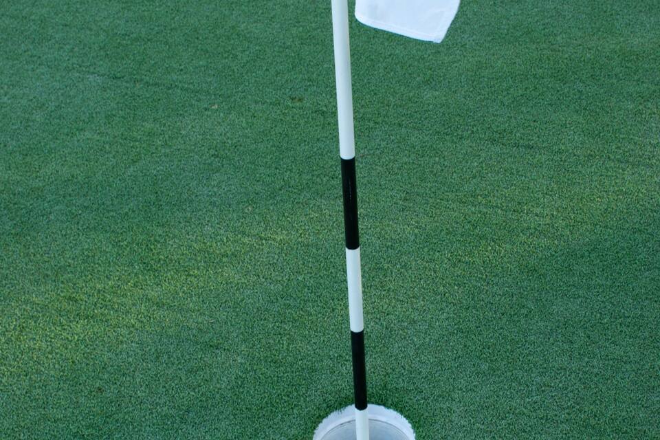 A golf hole with a white flag on a green field.