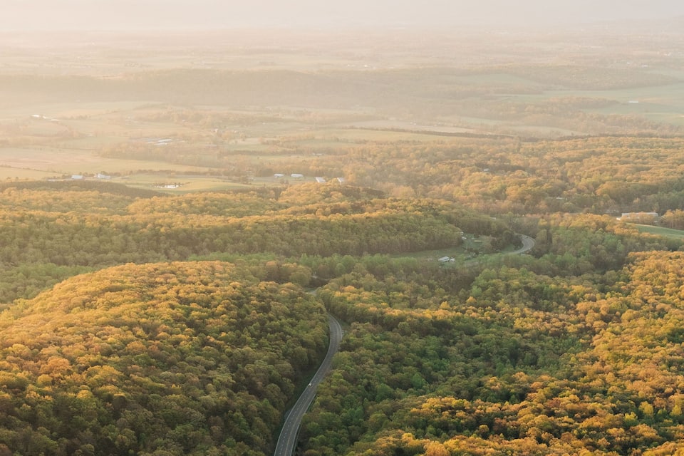 A winding road through a forested valley with autumn foliage.
