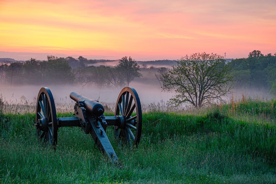 A cannon in a grassy field with a misty background and trees.