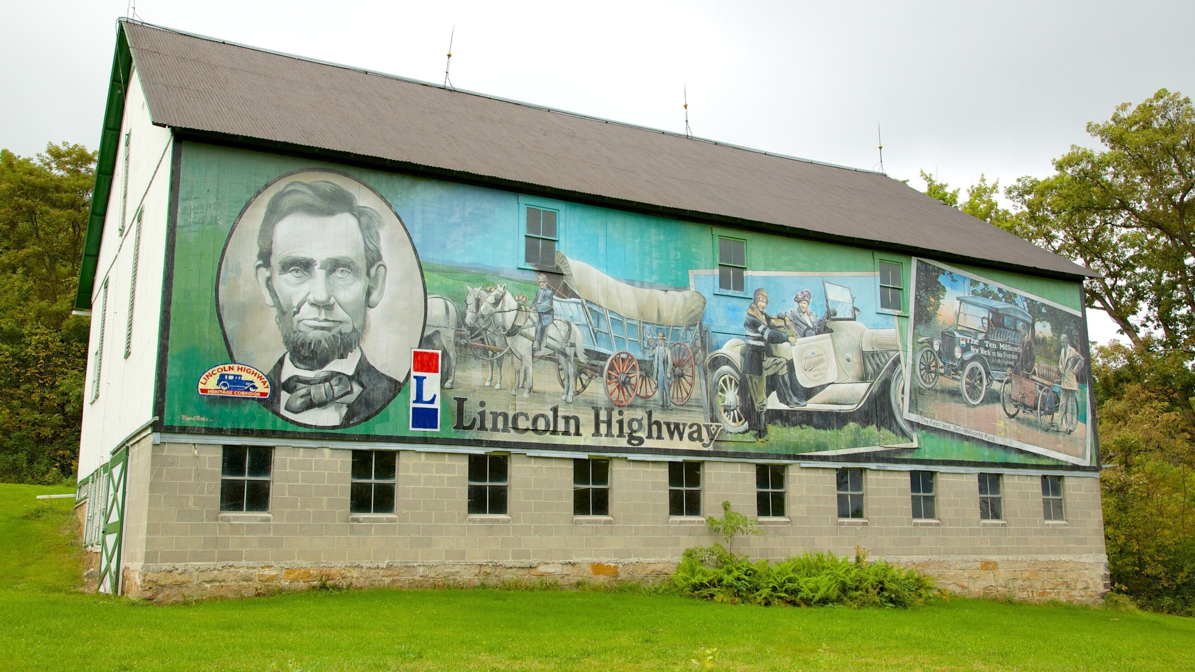 The Historic Lincoln Highway showing signage and art