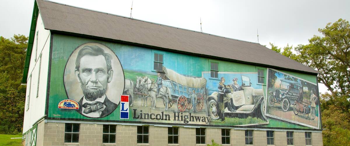 The Historic Lincoln Highway showing signage and art