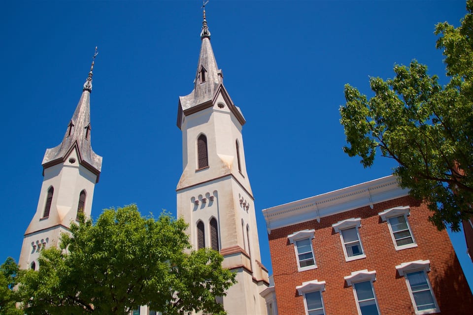 Two church steeples against a clear blue sky, surrounded by trees and a brick building.
