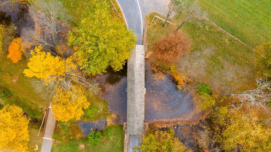 Aerial view of the Loys Station Covered Bridge in autumn in Thurmont, Maryland, United States.