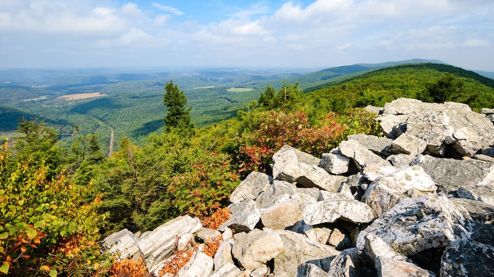 A mountainous landscape with rocky outcrops and dense forest.