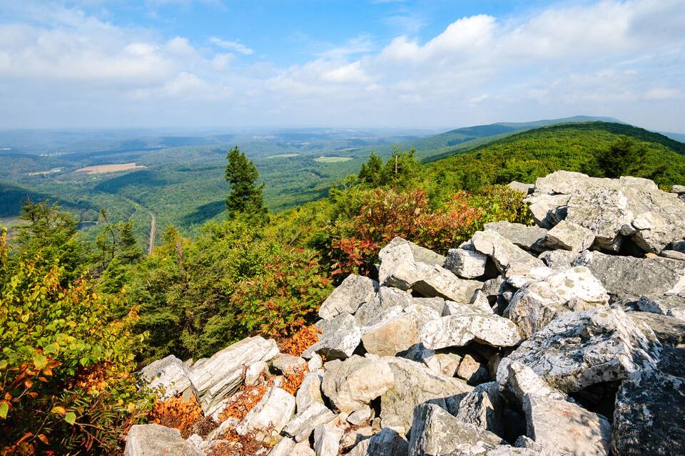 A mountainous landscape with rocky outcrops and dense forest.