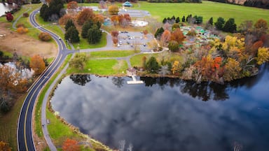 An aerial view of a park with a winding road, a lake, and autumn-colored trees.