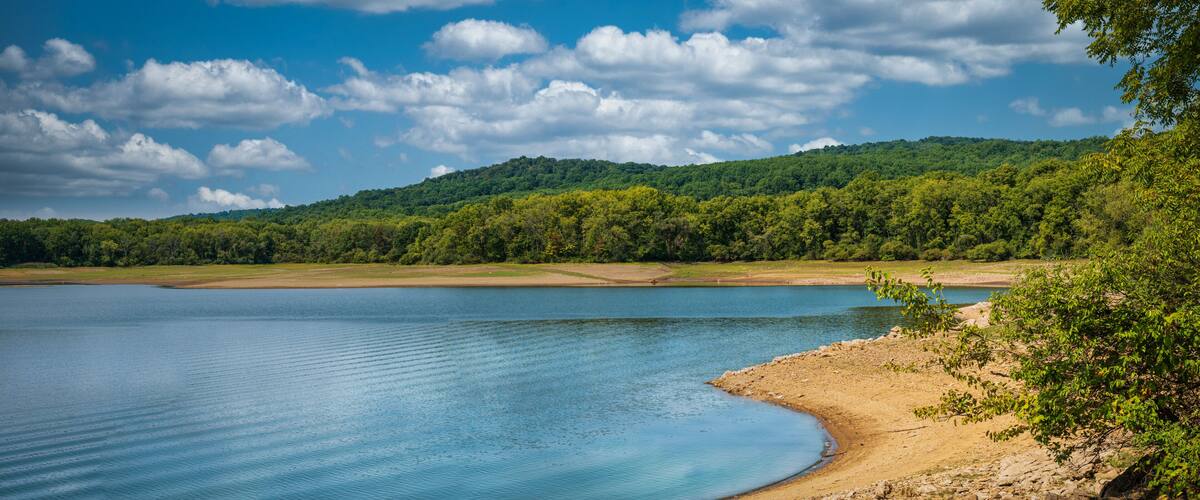 Low water level at Spruce Run Reservoir in Clinton, New Jersey