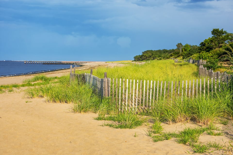 A sandy beach with a wooden fence and tall grass in the foreground.