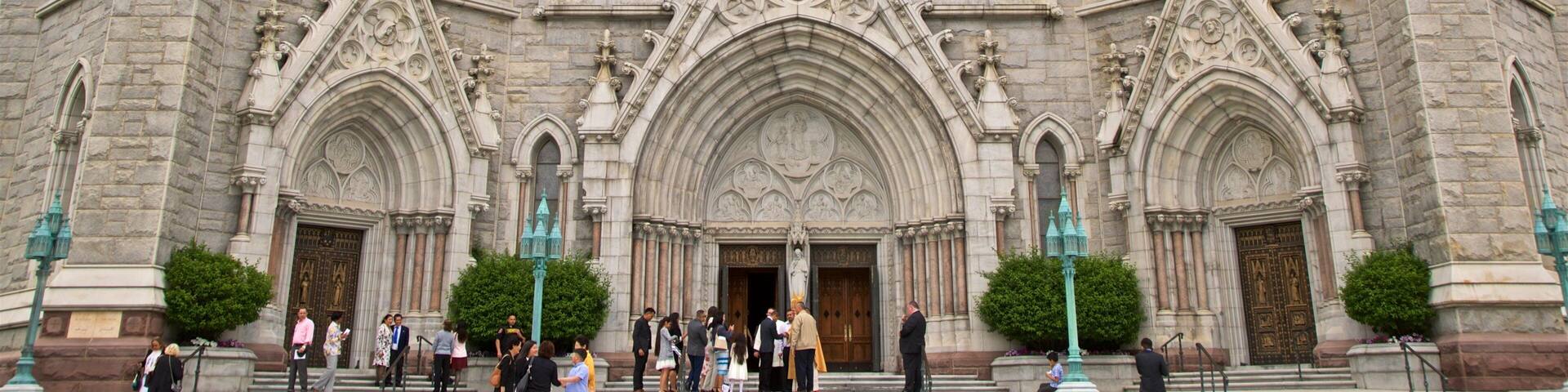 A Gothic-style cathedral with intricate stonework, large rose window, and pointed arches.