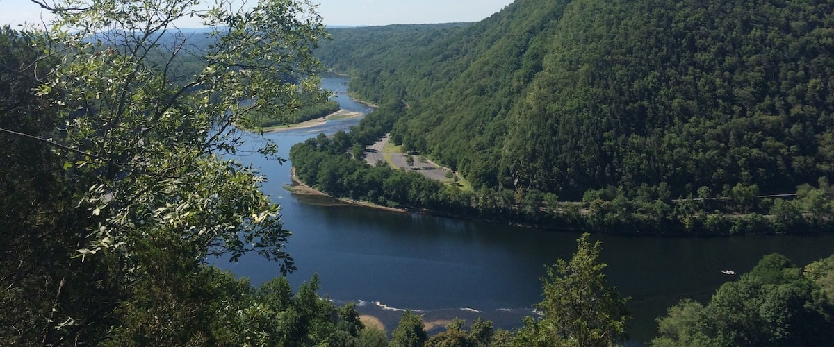 A river winding through a densely forested valley with a steep hillside on one side and a clear blue sky above.
