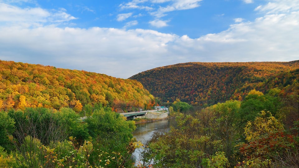 A river flowing through a valley with autumn foliage, a bridge, and hills in the background.