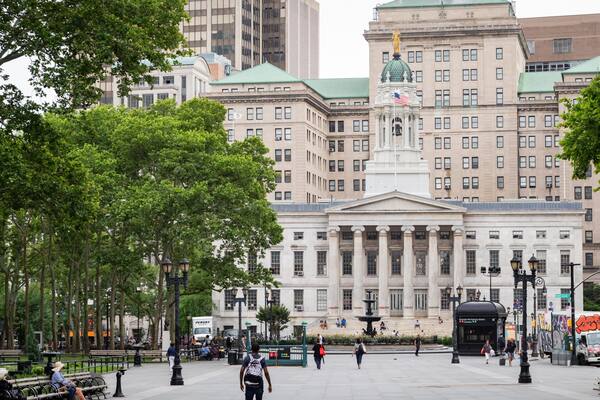 Brooklyn Borough Hall showing a square or plaza, an administrative buidling and heritage architecture