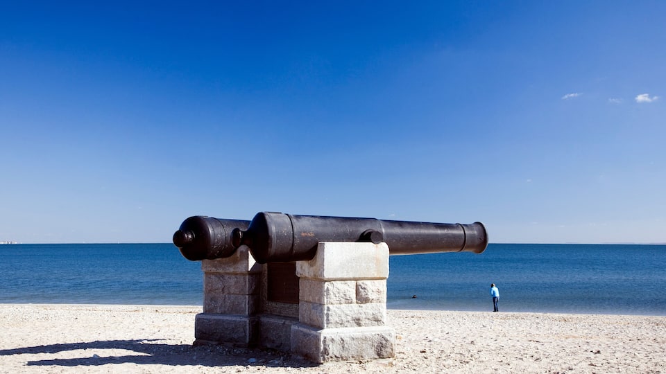 A cannon on a stone pedestal by the sea.