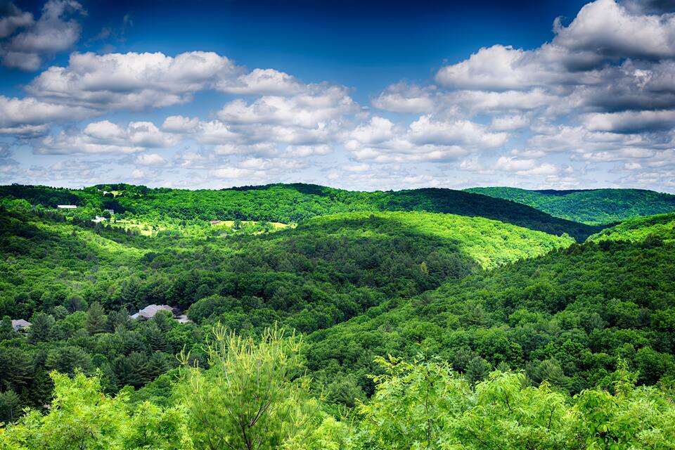 A lush green valley with rolling hills and a clear blue sky with scattered clouds.