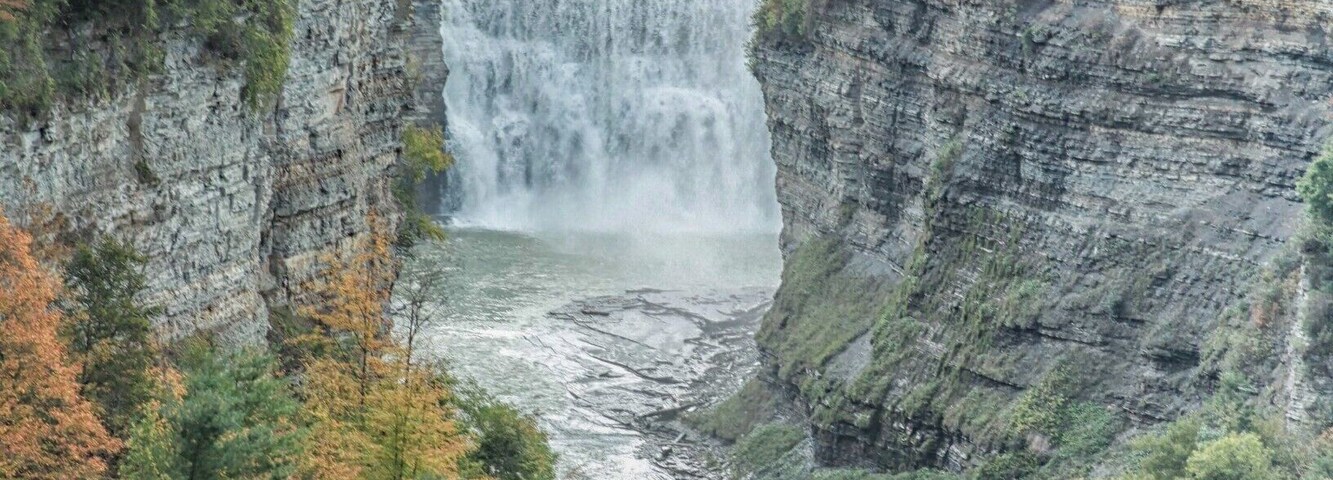 Una cascada que se precipita por un acantilado rocoso, rodeada de un denso bosque.