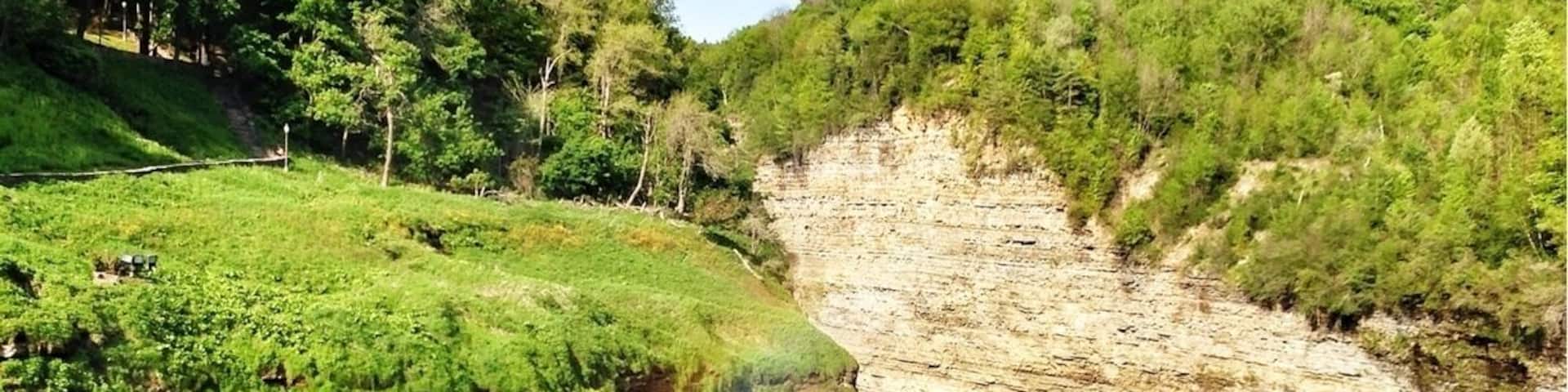 Above one of the waterfalls at Letchworth state park. It was nice after a 4 hr hike to end it with a pretty rainbow.