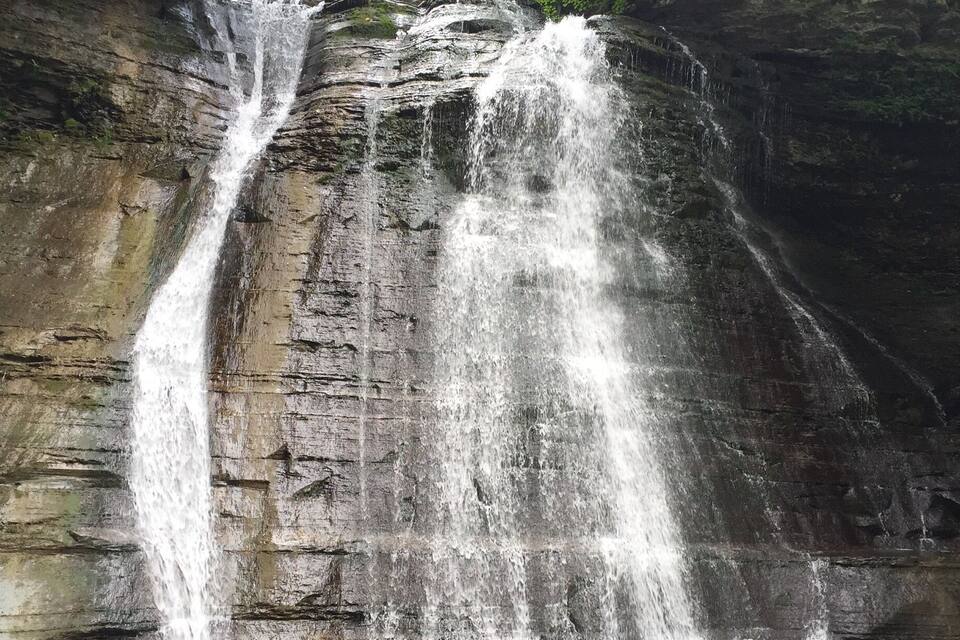 Une cascade se déversant le long d’une falaise rocheuse dans un bassin paisible.