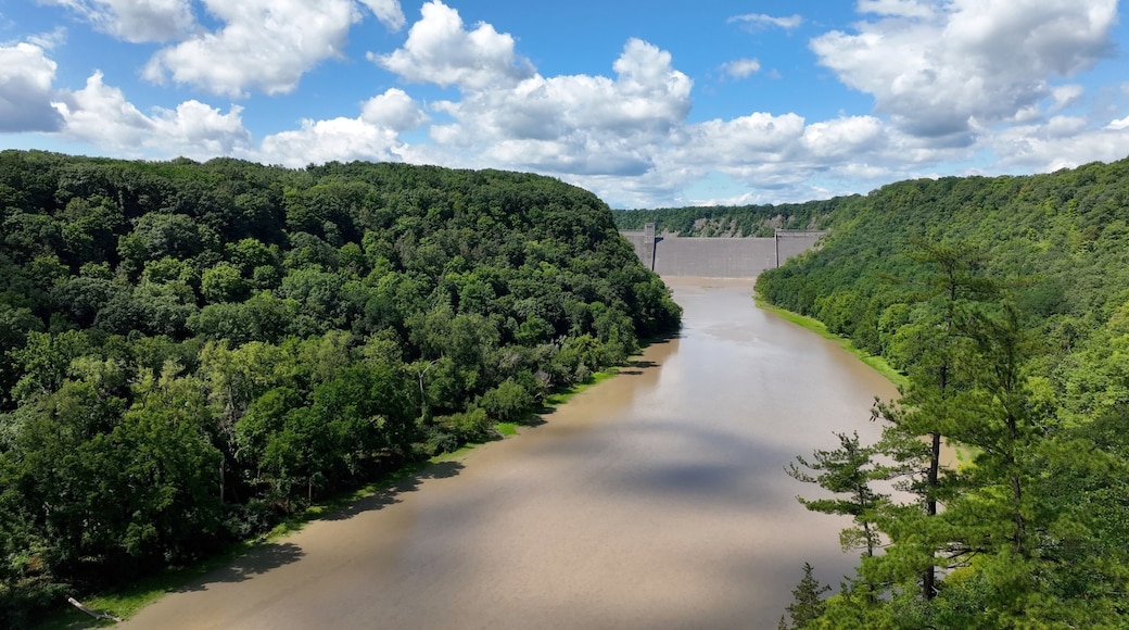 Mt Morris Dam in New York State on Genesse River at Letchworth State Park with blue sky and clouds in a beautiful countryside landscape with green trees in summer season