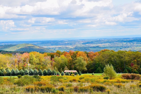 Autumn landscape in the mountains, view from the Ontario County Park at Gannett Hill, New York