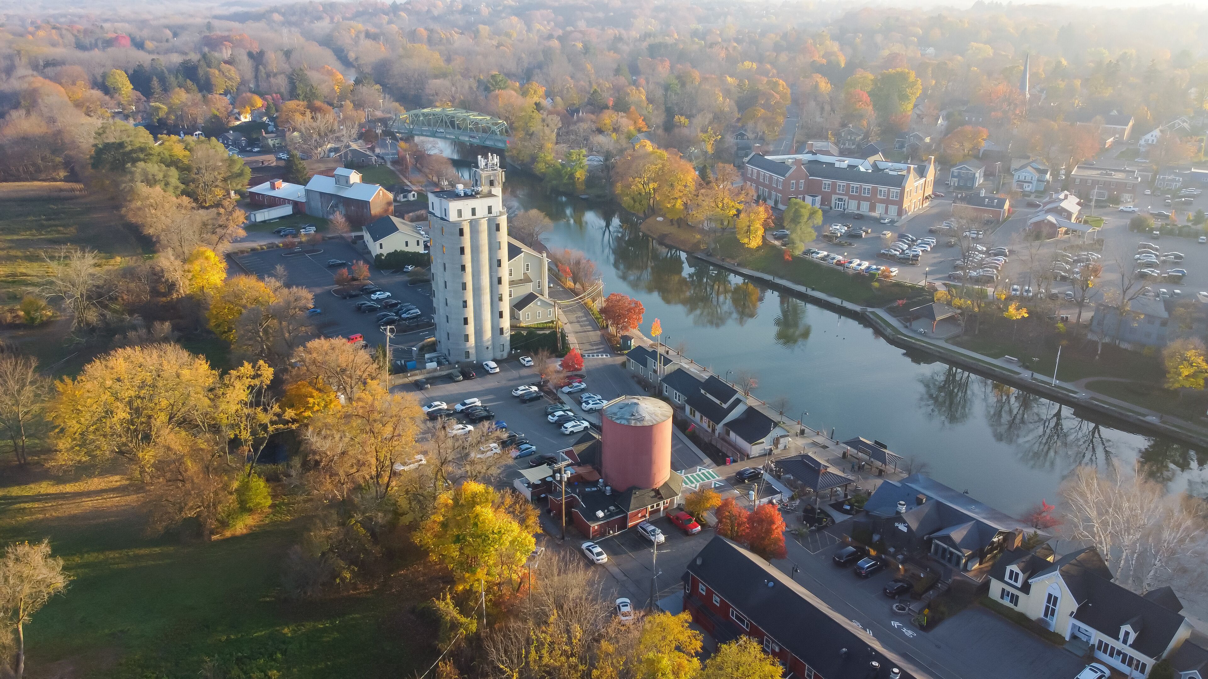 Riverside Pittsford town the oldest village in New York along Erie Canal in Monroe County with historic Schoen Place and colorful fall foliage