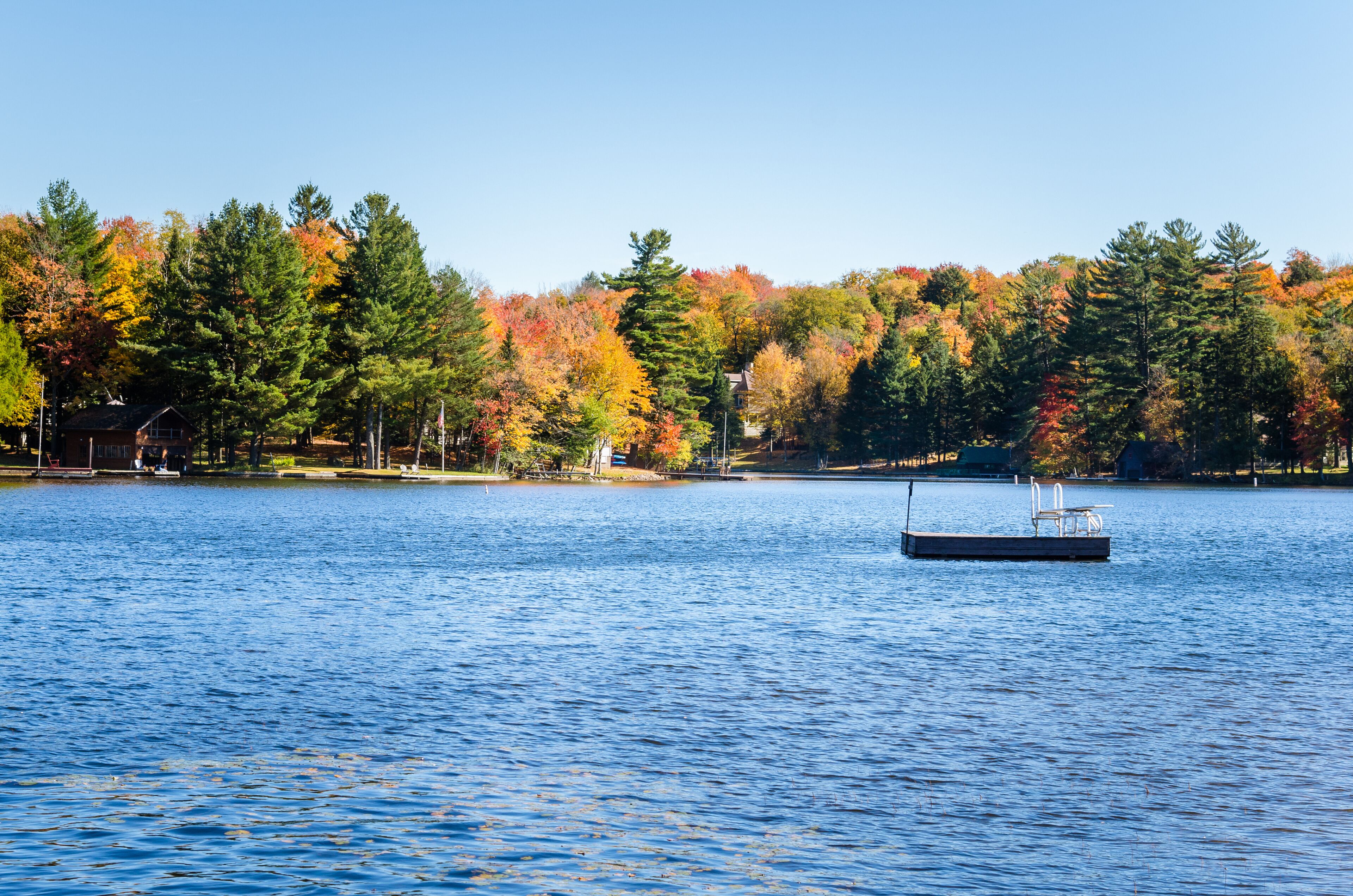 Mountain Lake with Forested Shores in Autumn. A Floating Platform with a Diving Board is in the Middle of the Lake