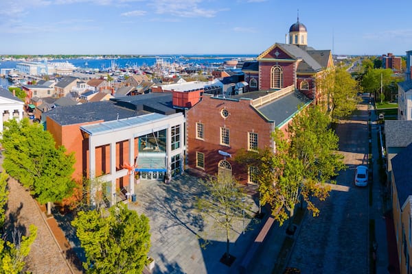 Aerial view of New Bedford Whaling Museum building in New Bedford Whaling National Historical Park in historic downtown of New Bedford, Massachusetts MA, USA.
