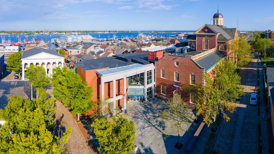 Aerial view of New Bedford Whaling Museum building in New Bedford Whaling National Historical Park in historic downtown of New Bedford, Massachusetts MA, USA.