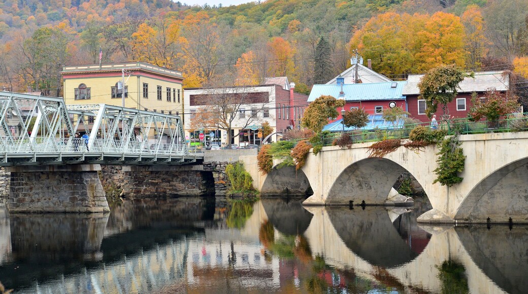 The confluence of 2 bridges in Shelburne Falls MA. The concrete structure on the left is the famous bridge of flowers dedicated to floral displays during the summer.
