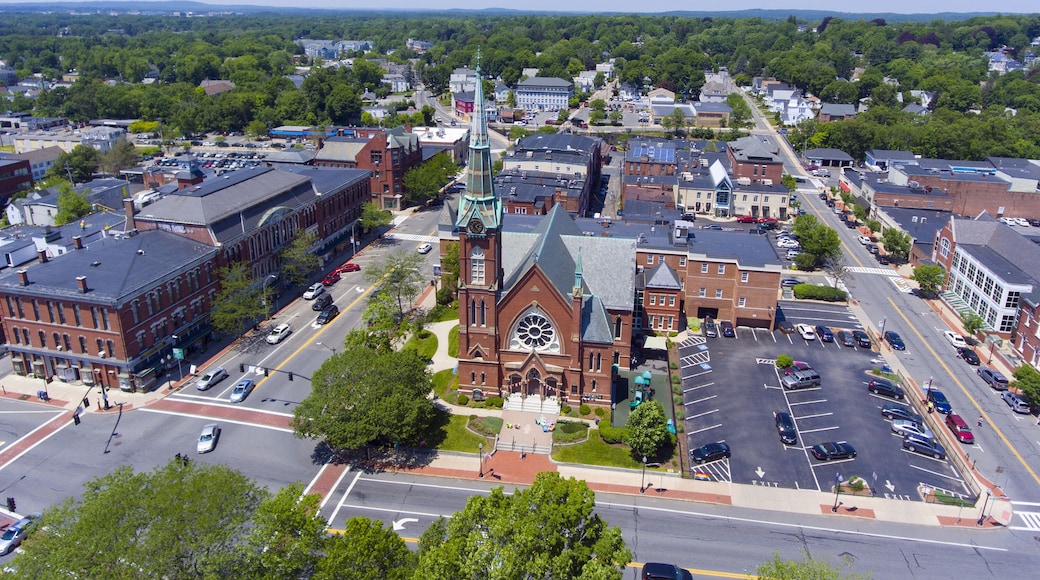 Natick First Congregational Church, Town Hall and Common aerial view in downtown Natick, Massachusetts, USA.