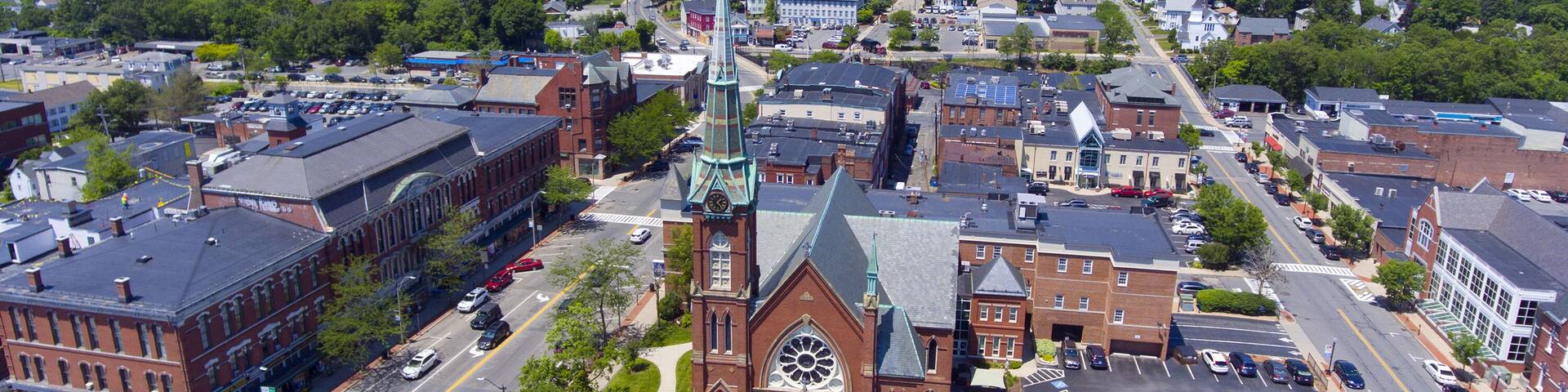 Natick First Congregational Church, Town Hall and Common aerial view in downtown Natick, Massachusetts, USA.