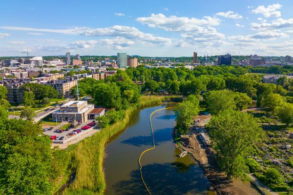 Back Bay Fens aerial view in summer near Charles River in Back Bay, Boston, Massachusetts MA, USA. Back Bay Fens was designed by Frederick Law Olmsted in 1879.