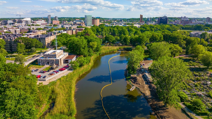 Back Bay Fens aerial view in summer near Charles River in Back Bay, Boston, Massachusetts MA, USA. Back Bay Fens was designed by Frederick Law Olmsted in 1879.