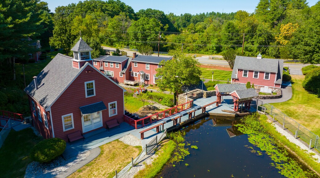 Russell Mill aerial view on River Meadow Brook in Russell Millpond in town of Chelmsford, Massachusetts MA, USA.