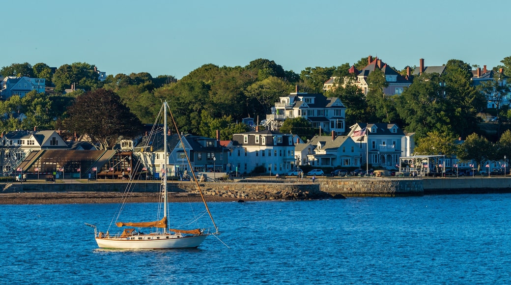 Stage Fort Park showing a bay or harbor, sailing and a coastal town