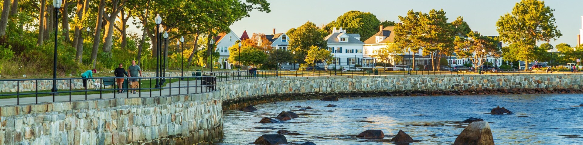 Stage Fort Park showing a coastal town and a bay or harbor