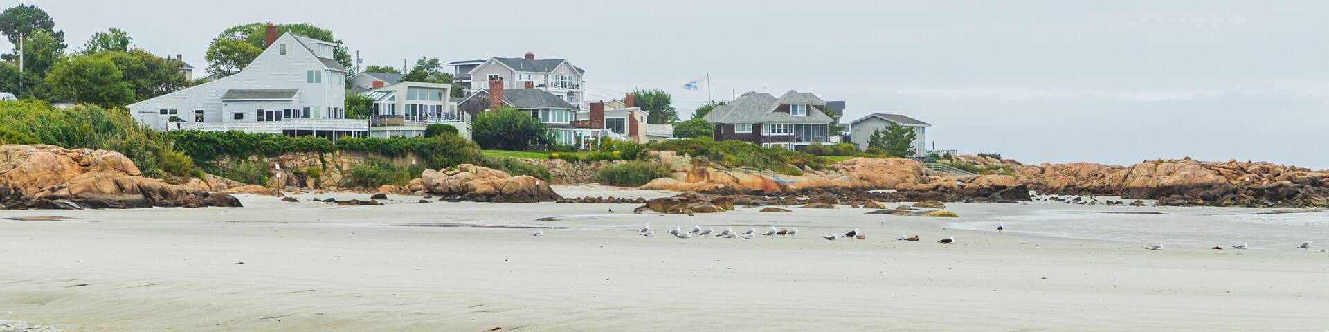 Una playa arenosa con una hilera de casas al fondo.