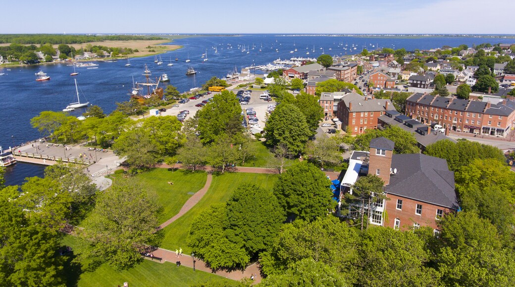 Newburyport historic downtown including Merrimack Street and Waterfront Promenade Park with Merrimack River at the background aerial view, Newburyport, Massachusetts, MA, USA.