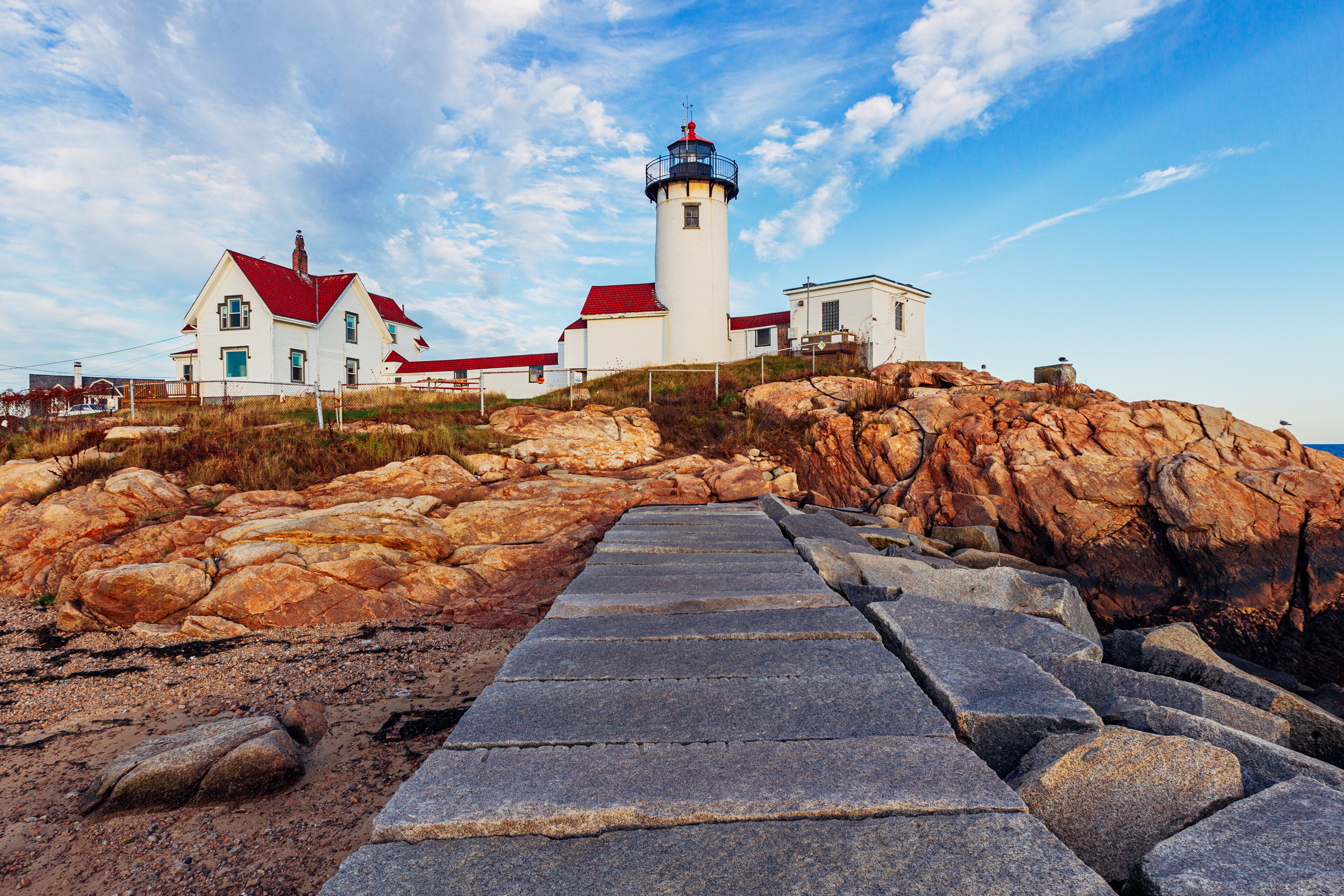 Eastern Point Lighthouse at Gloucester, Massachusetts, USA. Eastern Point Light is a historic lighthouse on Cape Ann, in northeastern Massachusetts.It is known as the oldest seaport in America.