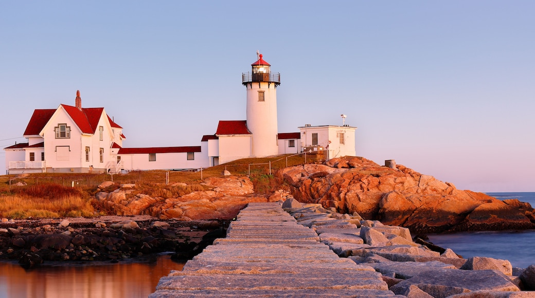 Beautiful sunset of Eastern Point Lighthouse at Gloucester, Massachusetts, USA. The Lighthouse is One of Five iconic lighthouses along the Cape Ann coastline.