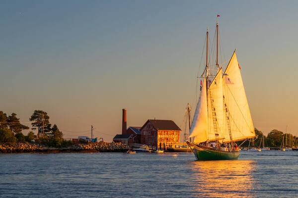 A sailboat with a green hull and white sails on a calm body of water. In the background, there is a building with a sign that reads "MANUFACTURY" and a smokestack.