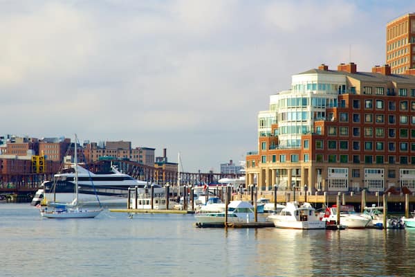 HarborWalk showing a bay or harbor and a city