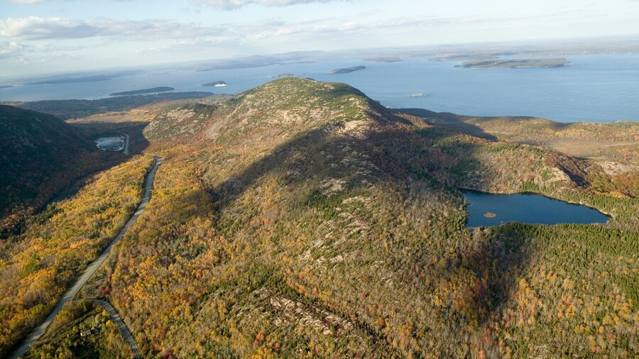 Aerial view of 1530 foot high Cadillac Mountain, Porcupine Islands and Frenchman Bay, Acadia National Park, Maine