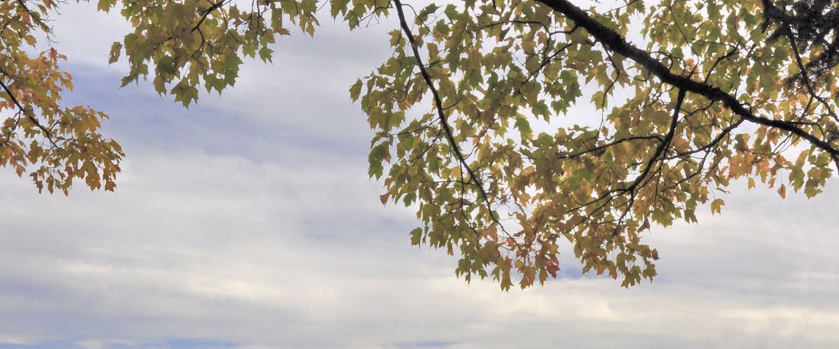 Peaceful autumn scene in New Hampshire’s White Mountains. Late afternoon with distant mountains reflected on calm surface of Cherry Pond near rural Jefferson.