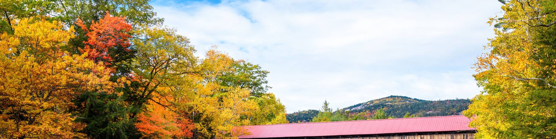 Historic covered bridge spanning a mountain river running through a colourful forest at the peak of fall foliage on a partly cloudy autumn day. Stunning autumn colours.