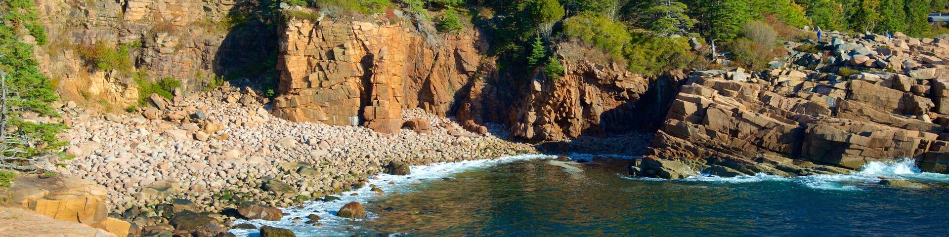 A rocky shoreline with a clear blue sea, surrounded by dense forest and autumn-colored trees.